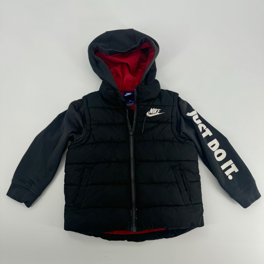 Nike 3T Kids Black Puffer Vest Hoodie Jacket Just Do It Sleeves